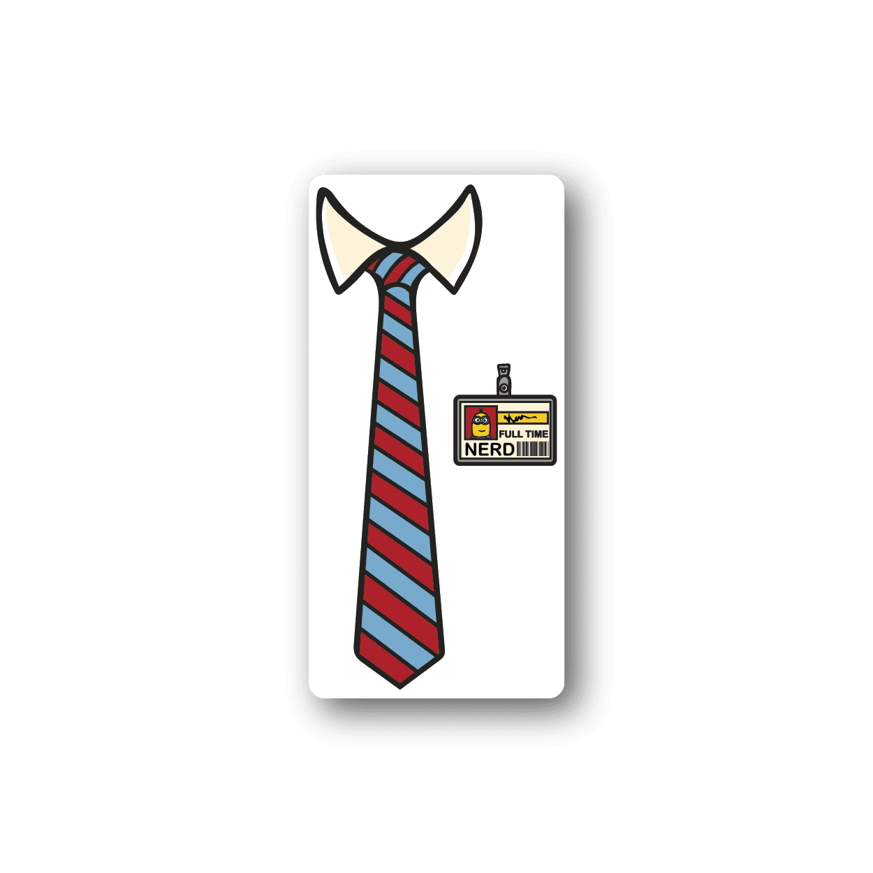Vinyl sticker of a white dress shirt with striped red-blue necktie and nerd badge