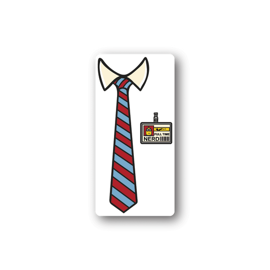 Vinyl sticker of a white dress shirt with striped red-blue necktie and nerd badge