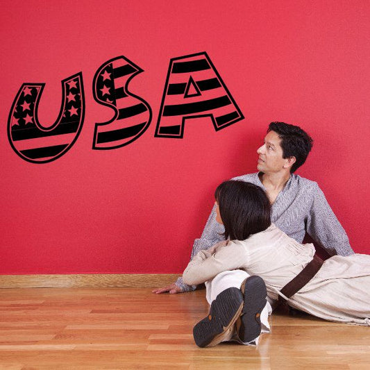 USA wall decal with stars and striped lettering