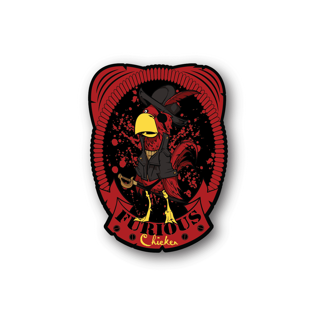 Furious chicken vinyl sticker: red circular graphic with angry yellow chicken in dark coat
