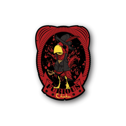 Furious chicken vinyl sticker: red circular graphic with angry yellow chicken in dark coat