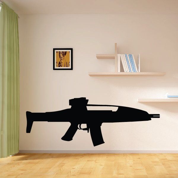Futuristic assault rifle wall decal, black silhouette with scope and barrel