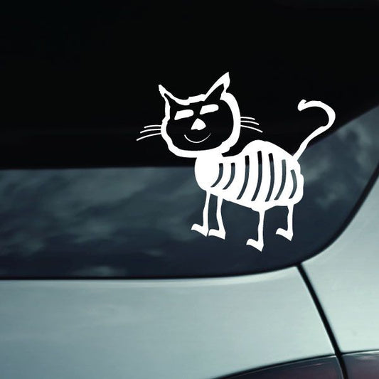 Fuzzy stripe cat decal featuring a white outlined cat with striped body and tail.