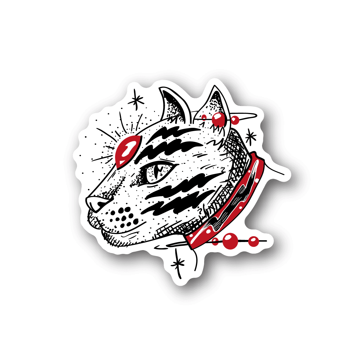 Galactic cat vinyl sticker with white cat face and red planet accents