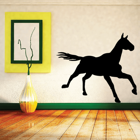 Galloping black horse decal with extended legs and tail