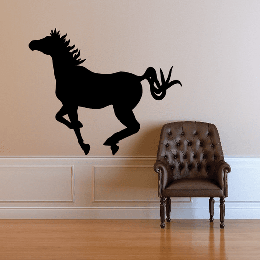 Black galloping pony silhouette decal, side profile mid-step.