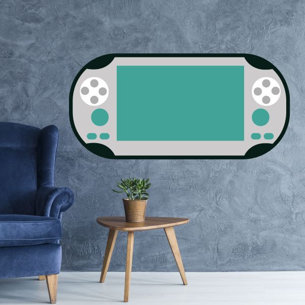Game controller wall decal with teal screen, black outline, and button icons