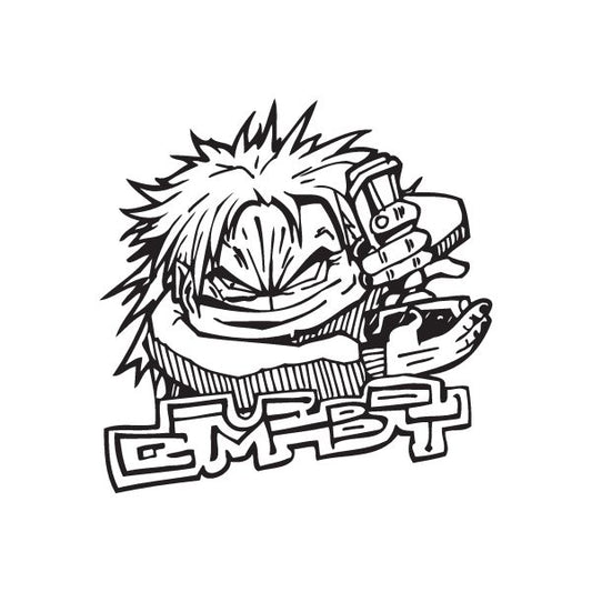 Graffiti-style Gameboy decal, black-and-white cartoon character holding a handheld console