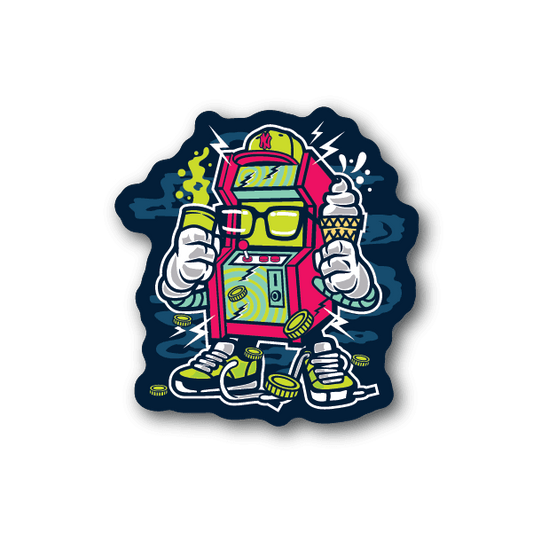 Arcade unit vinyl sticker with colorful robot holding game controller