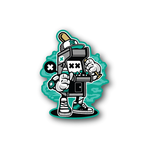 Gamer arcade bat vinyl sticker with teal and white cartoon character