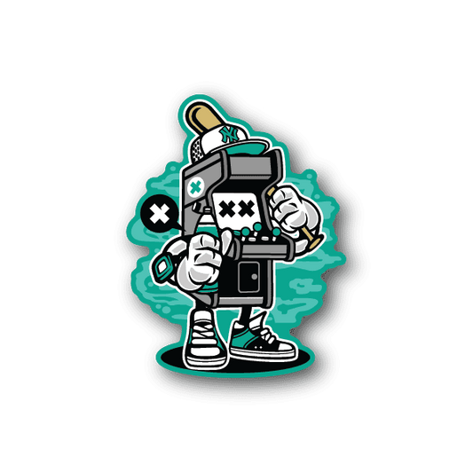 Gamer arcade bat vinyl sticker with teal and white cartoon character
