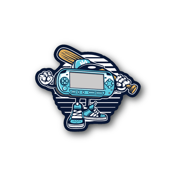 Vinyl gamer baseball player sticker, blue character holding bat with handheld console