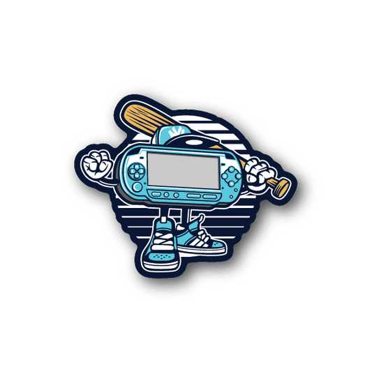 Vinyl gamer baseball player sticker, blue character holding bat with handheld console