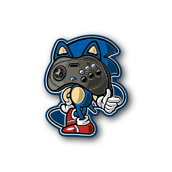 Blue controller-head vinyl sticker with gamer character fist and red shoes