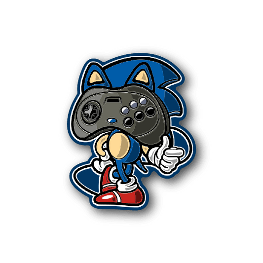 Blue controller-head vinyl sticker with gamer character fist and red shoes