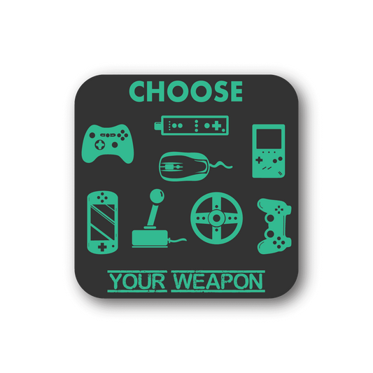Square vinyl sticker with teal gamer weapon icons and text Choose Your Weapon.