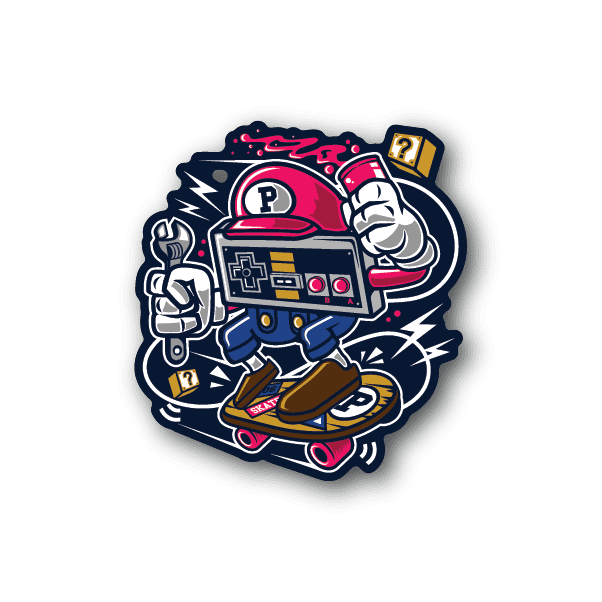 Gamer controller head skateboarder vinyl sticker, dark blue and pink
