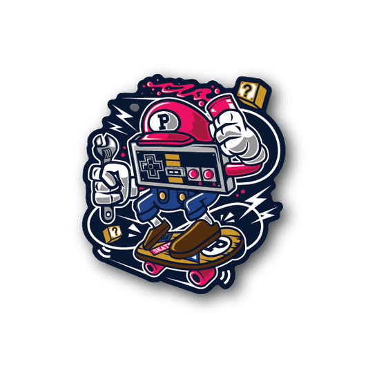 Gamer controller head skateboarder vinyl sticker, dark blue and pink