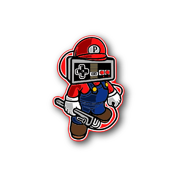 Gamer controller head vinyl sticker with cartoon character and gamepad icons, red and blue.