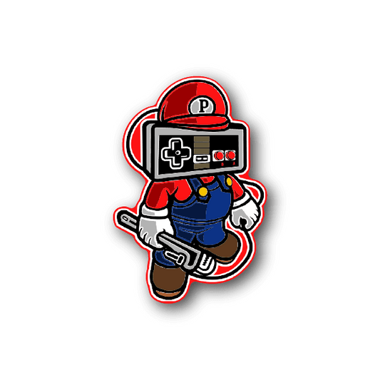 Gamer controller head vinyl sticker with cartoon character and gamepad icons, red and blue.