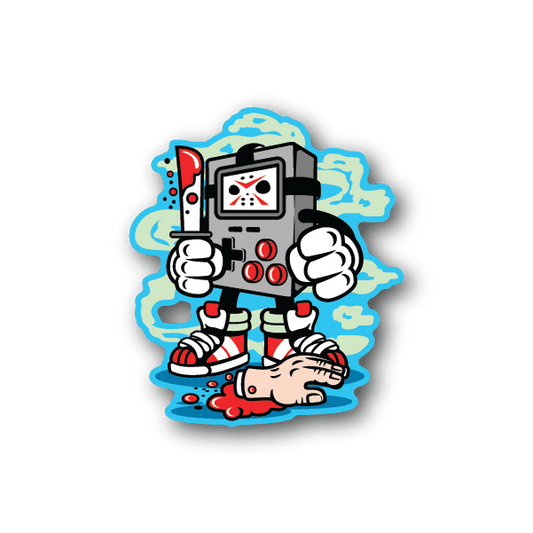 Gamer handheld vinyl sticker of cartoon player holding controller, blue flame outline