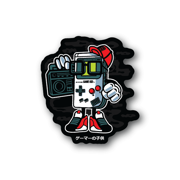 Vinyl gamer kid sticker with cartoon game controller and red sneakers