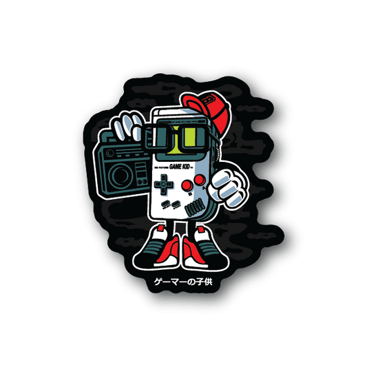 Vinyl gamer kid sticker with cartoon game controller and red sneakers
