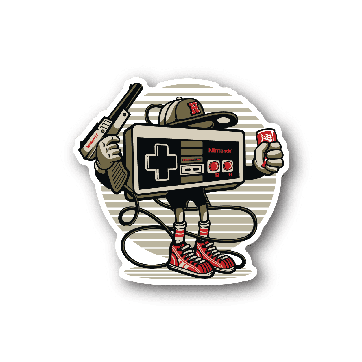 Retro gaming controller vinyl sticker with character holding a handheld console