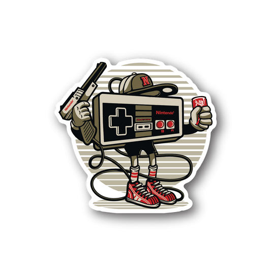 Retro gaming controller vinyl sticker with character holding a handheld console