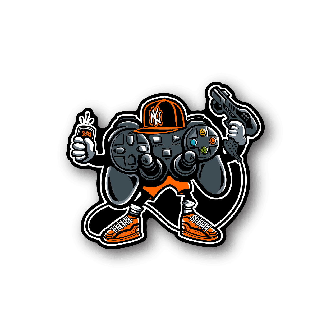 Gamer controller vinyl sticker with character holding gamepad, orange accents