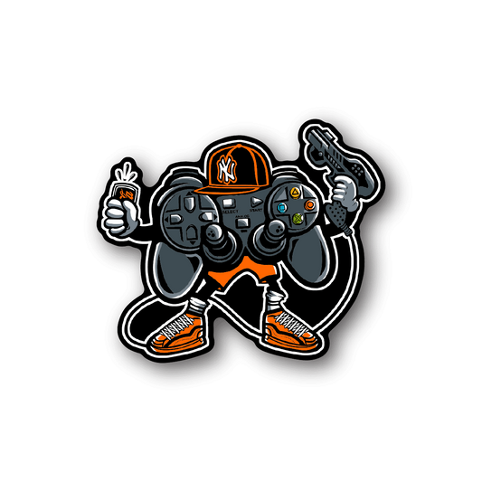 Gamer controller vinyl sticker with character holding gamepad, orange accents