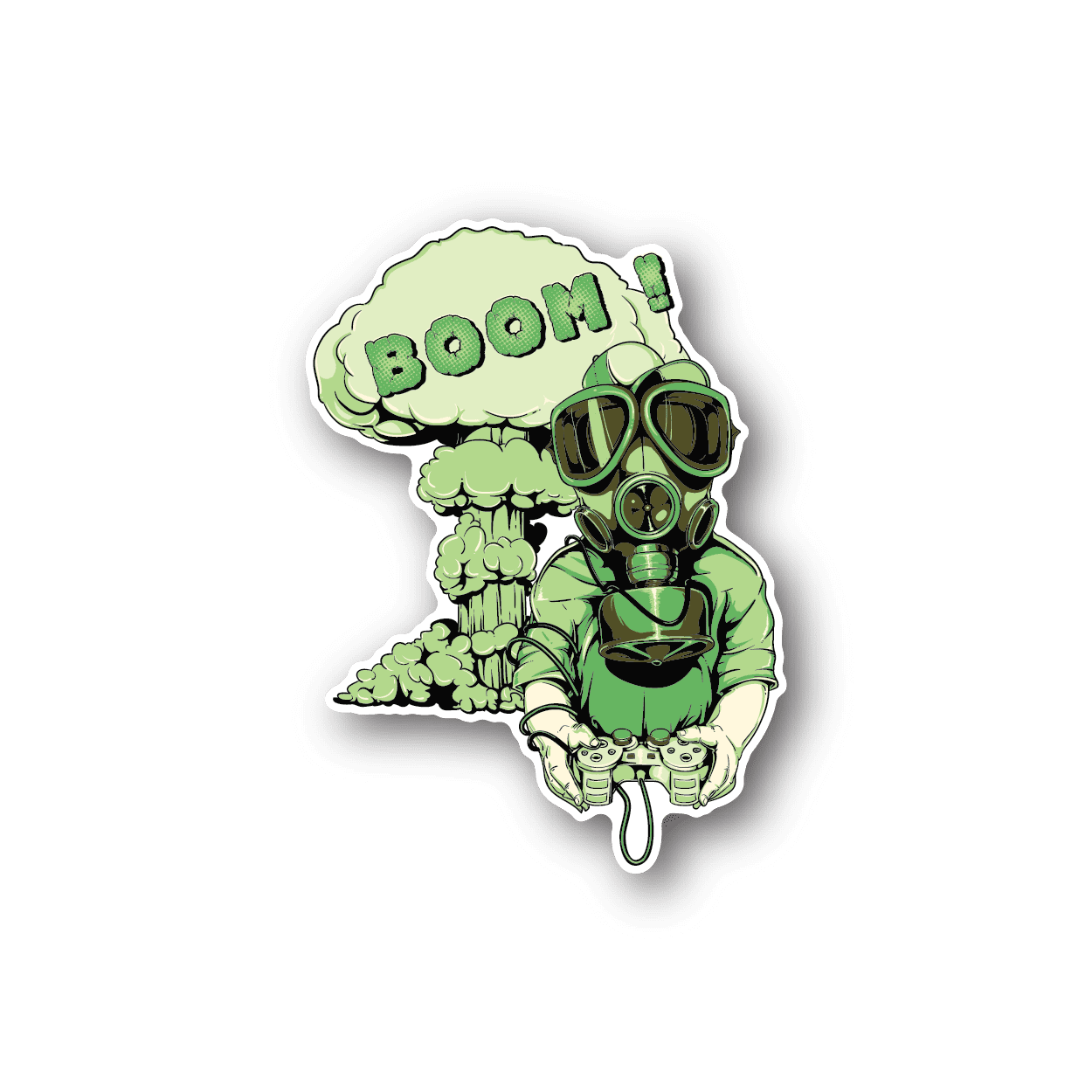 Green cartoon nuclear bomb vinyl sticker with mushroom cloud and gas mask