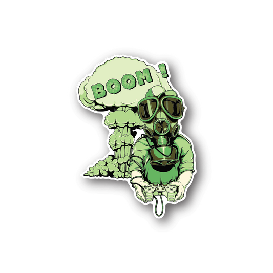 Green cartoon nuclear bomb vinyl sticker with mushroom cloud and gas mask