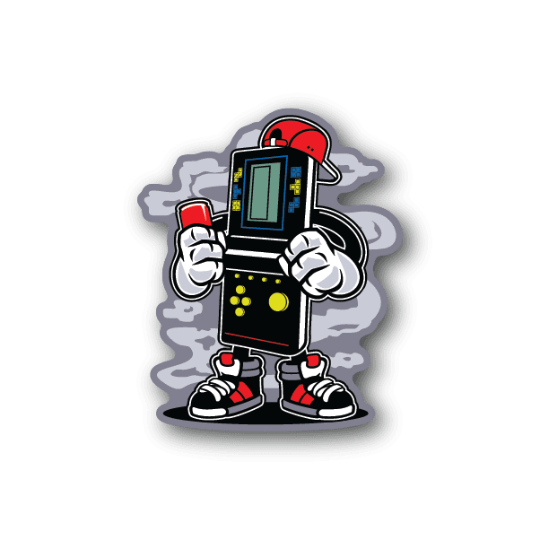 Vinyl gamer console sticker of a cartoon robot holding a handheld game