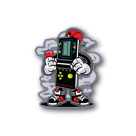 Vinyl gamer console sticker of a cartoon robot holding a handheld game