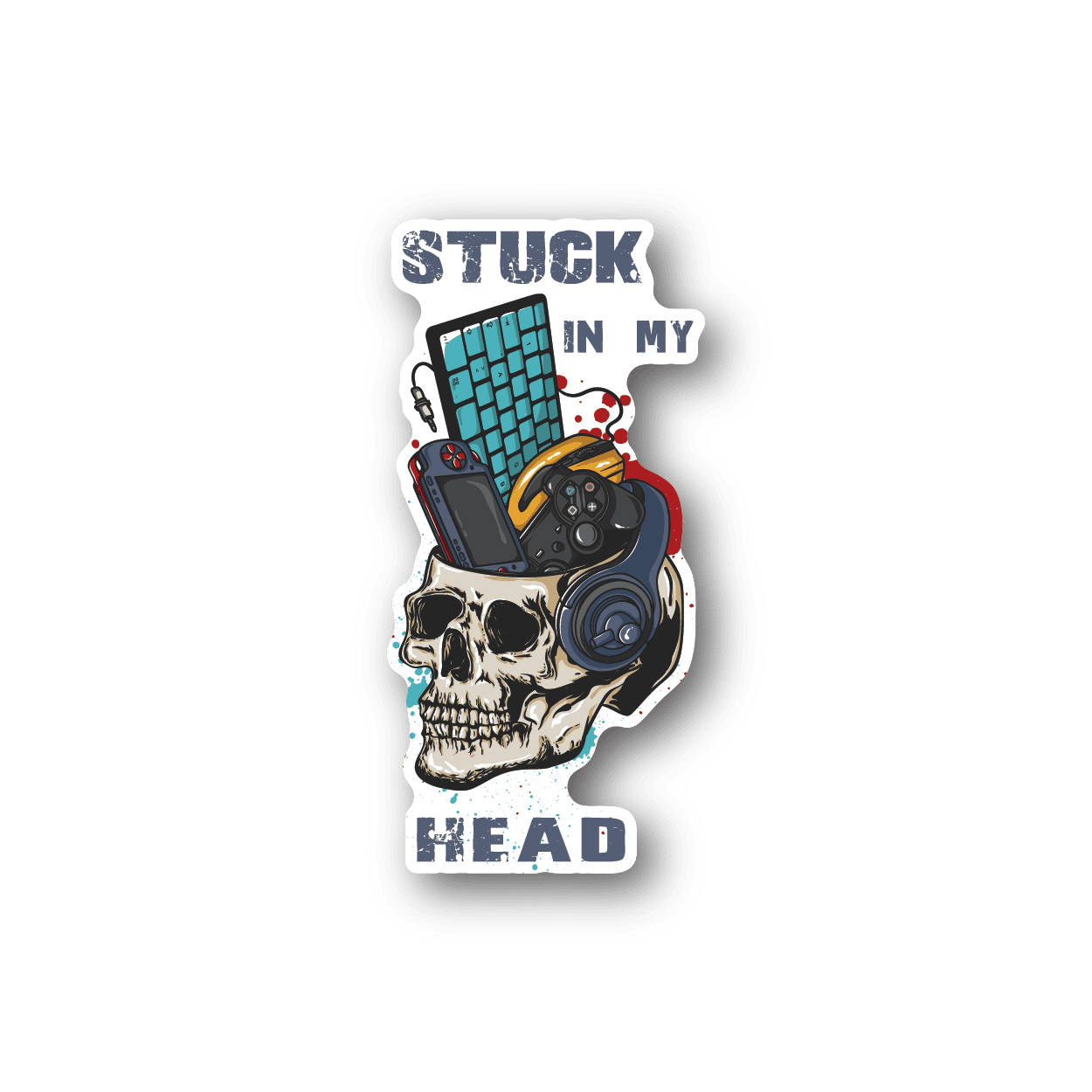 Skull vinyl sticker with headphones, controller, and teal text design, dark outline