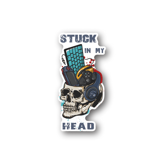 Skull vinyl sticker with headphones, controller, and teal text design, dark outline