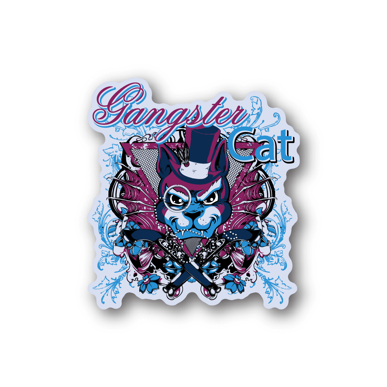 Gangster cat vinyl sticker with blue cat, purple accents, and heart-and-gun graphic