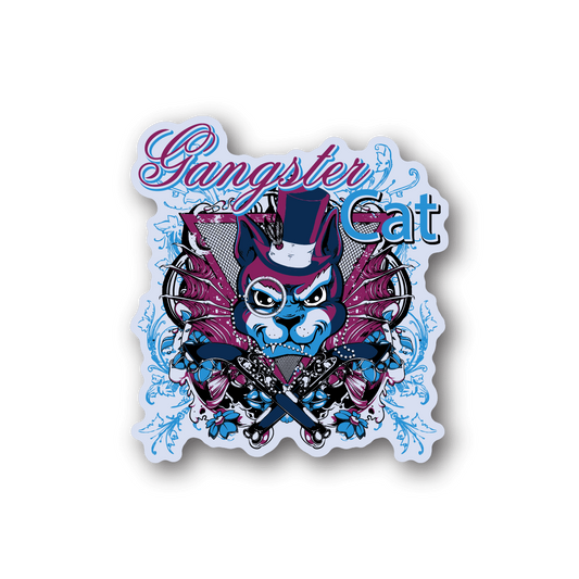 Gangster cat vinyl sticker with blue cat, purple accents, and heart-and-gun graphic