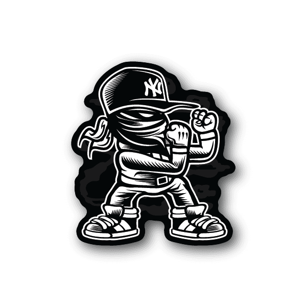 Gangster fighter vinyl sticker, cartoon character in white outlines on dark