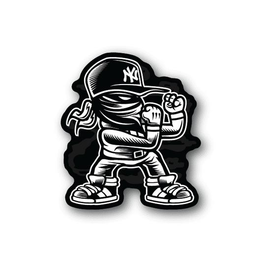 Gangster fighter vinyl sticker, cartoon character in white outlines on dark
