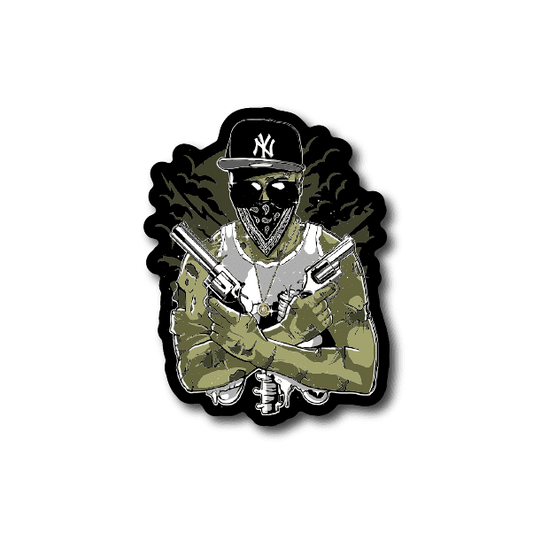 Vinyl sticker of a masked gangster zombie with black cap, sunglasses, and pistols