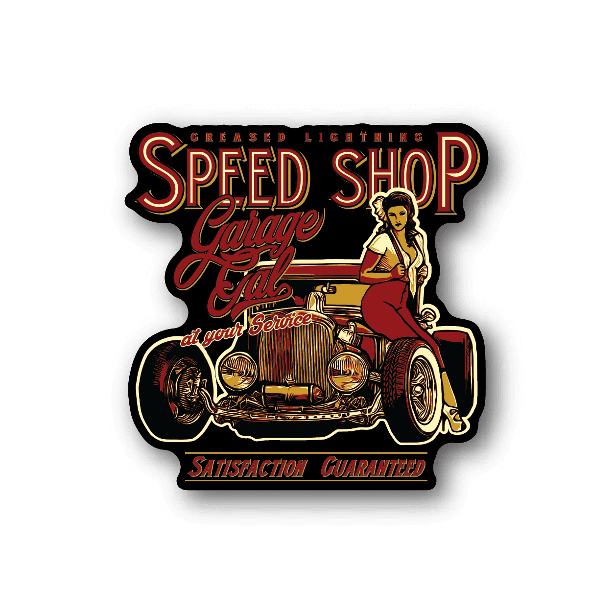 Vinyl hot rod shop sticker with cartoon woman on red car and 'Speed Shop' text