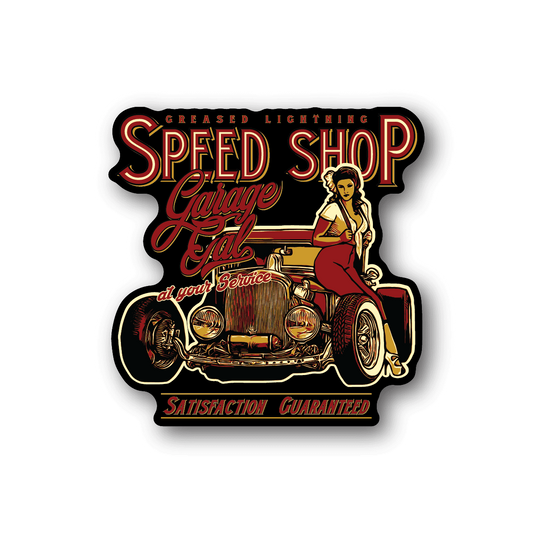 Vinyl hot rod shop sticker with cartoon woman on red car and 'Speed Shop' text