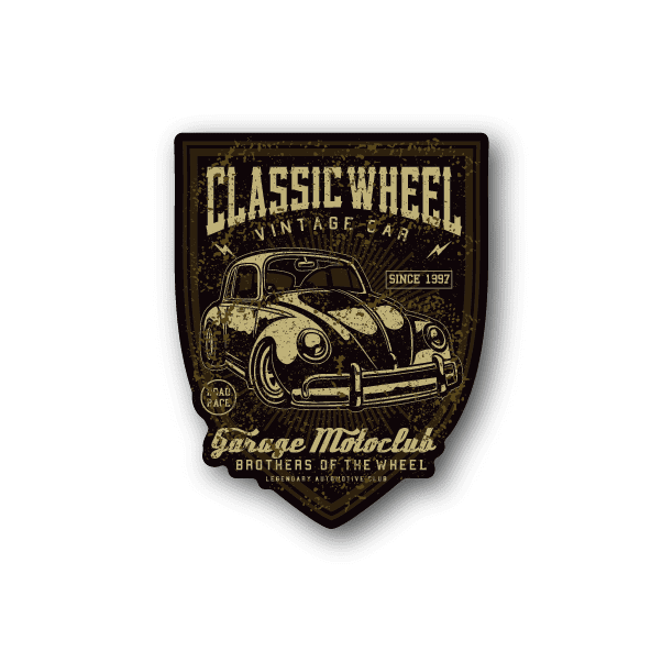 Vinyl sticker: dark shield with classic motorcycle illustration and gold text