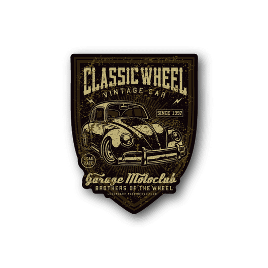 Vinyl sticker: dark shield with classic motorcycle illustration and gold text