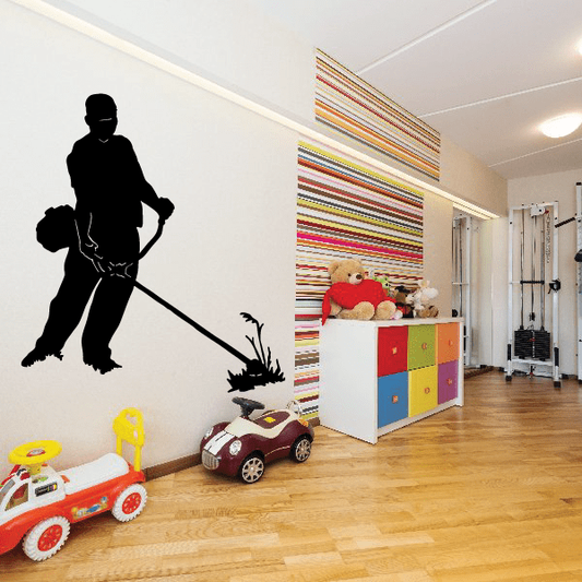 Gardener weed wacking decal, black silhouette of gardener holding weed wacker tool