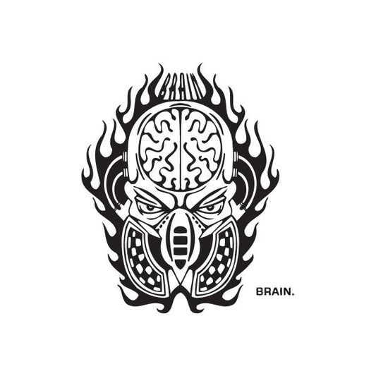 Brain gas mask graffiti decal, black-and-white flame design with 'BRAIN.' text