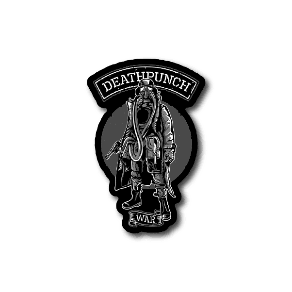 Round vinyl sticker with Deathpunch lettering and a soldier in gas mask holding a rifle
