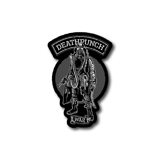 Round vinyl sticker with Deathpunch lettering and a soldier in gas mask holding a rifle